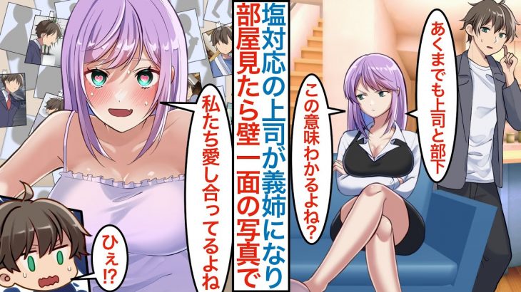 【漫画】塩対応でクールな美人女上司が親の再婚で義姉になった。仕事ができないフリで嫌われてるはずの姉の部屋に入ると俺の隠し撮り写真が壁一面に貼られてヤンデレ化で「縛って私のもにしたい」【恋愛マンガ動画】