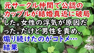 元サークル仲間で公認のカップルが結婚真近に破局した。女性の浮気が原因だった。だけど男性を責め、煽り続けたのがコトメ…結果【痛快・スカッとジャパン】